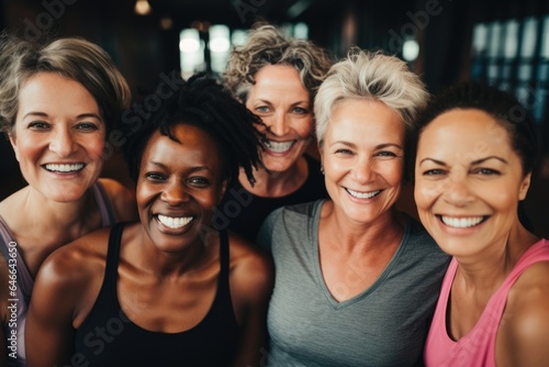 Smiling portrait of a group of middle aged women in sports clothes in a gym © Geber86