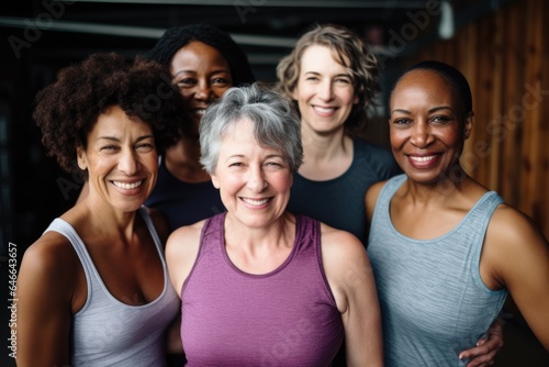Smiling portrait of a group of middle aged women in sports clothes in a gym © Geber86