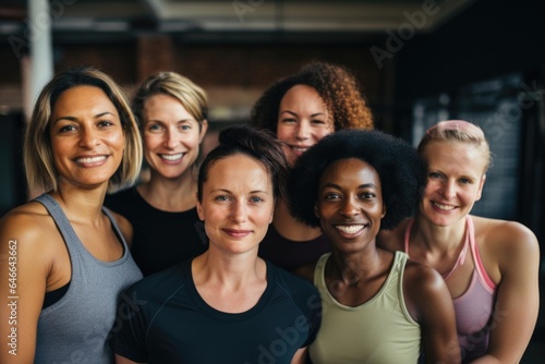 Smiling portrait of a happy young and diverse group of women in sports clothes in the gym © Geber86