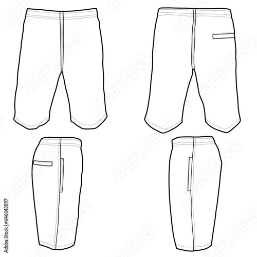 Men's shorts front and back view flat sketch fashion illustration