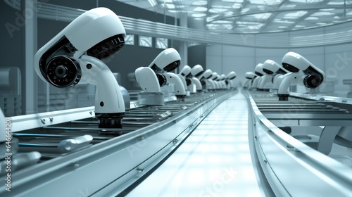 Interior of a modern automated factory with robotic arms and conveyor belt, Production line with robotic arms.