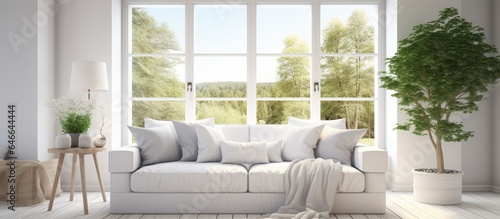 Scandinavian interior design featuring a sofa, a window with a summery landscape.