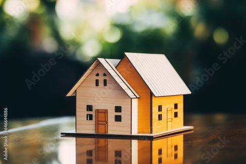 Wooden house model on wood background, a symbol for construction , ecology, loan, mortgage, property or home, Generative AI