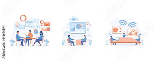 Business work flow, time management, digital workspace, remote work, teamwork, set flat vector modern illustration 