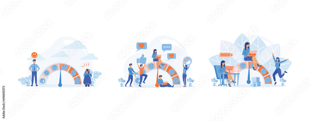 mood scale. Stress level, Depressed and mental illness.  Customer Satisfaction Meter, Client Feedback. Low Stress level,  Mentally healthy employee. set flat vector modern illustration  