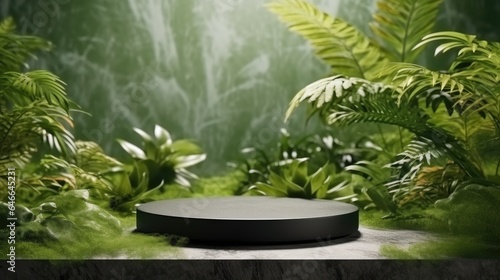 Black granite product display podium with grass flowers and sunshine background, Product presentation theme.