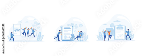  loan approval concept, Mortgage or credit form with stamp approved, Positive decision and profitable money transaction conclusion. Mortgage, debt or obligation to pay back interest rate. set flat vec