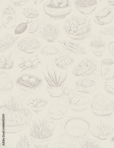 Monochromatic Light Asian Food inspired shapes-doodle collection. Food, Hand drawing doodle Many different food menus, Herb, decorative, Background, Wallpaper art vector illustration © Werayut