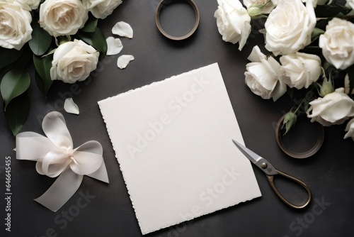 Moody wedding table mockup scene. Stationery composition with fading white rose flowers, silver plate, black scissors, envelopes and blank greeting cards. Grey textured background, Generative AI