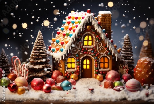 Photo of a festive gingerbread house in a snowy winter wonderland created with Generative AI technology