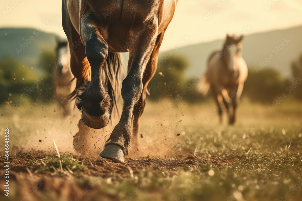 Obraz premium Close-up of legs of a running horse in the field