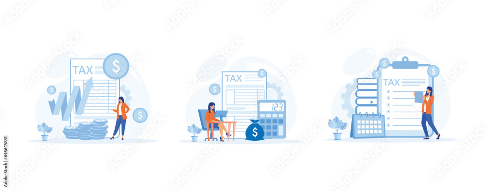 Tax preparation concept. Corporate tax, taxable income, fiscal year, document preparation, payment planning. set flat vector modern illustration