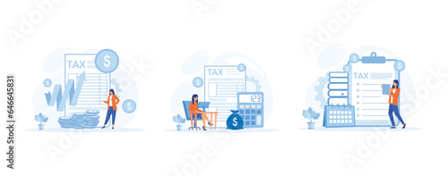 Tax preparation concept. Corporate tax, taxable income, fiscal year, document preparation, payment planning. set flat vector modern illustration