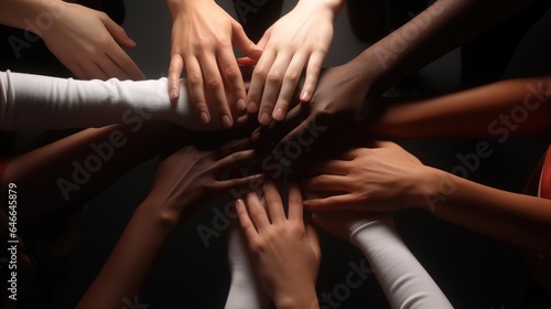Diverse hands joined together forming a circle, Group of people Shaking hands, Top view.