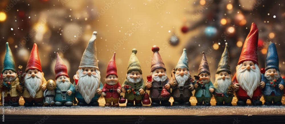 Many dwarfs celebrate New Year with decorated trees in a room.