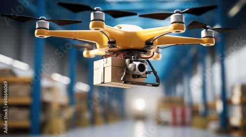 Drone flying delivery transferring parcel in distribution warehouse.