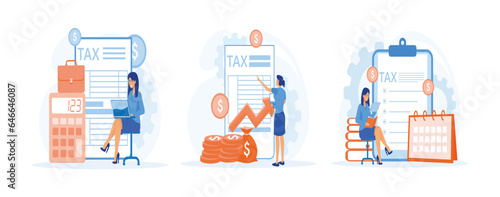 Tax preparation concept. Corporate tax, taxable income, fiscal year, document preparation, payment planning. set flat vector modern illustration
