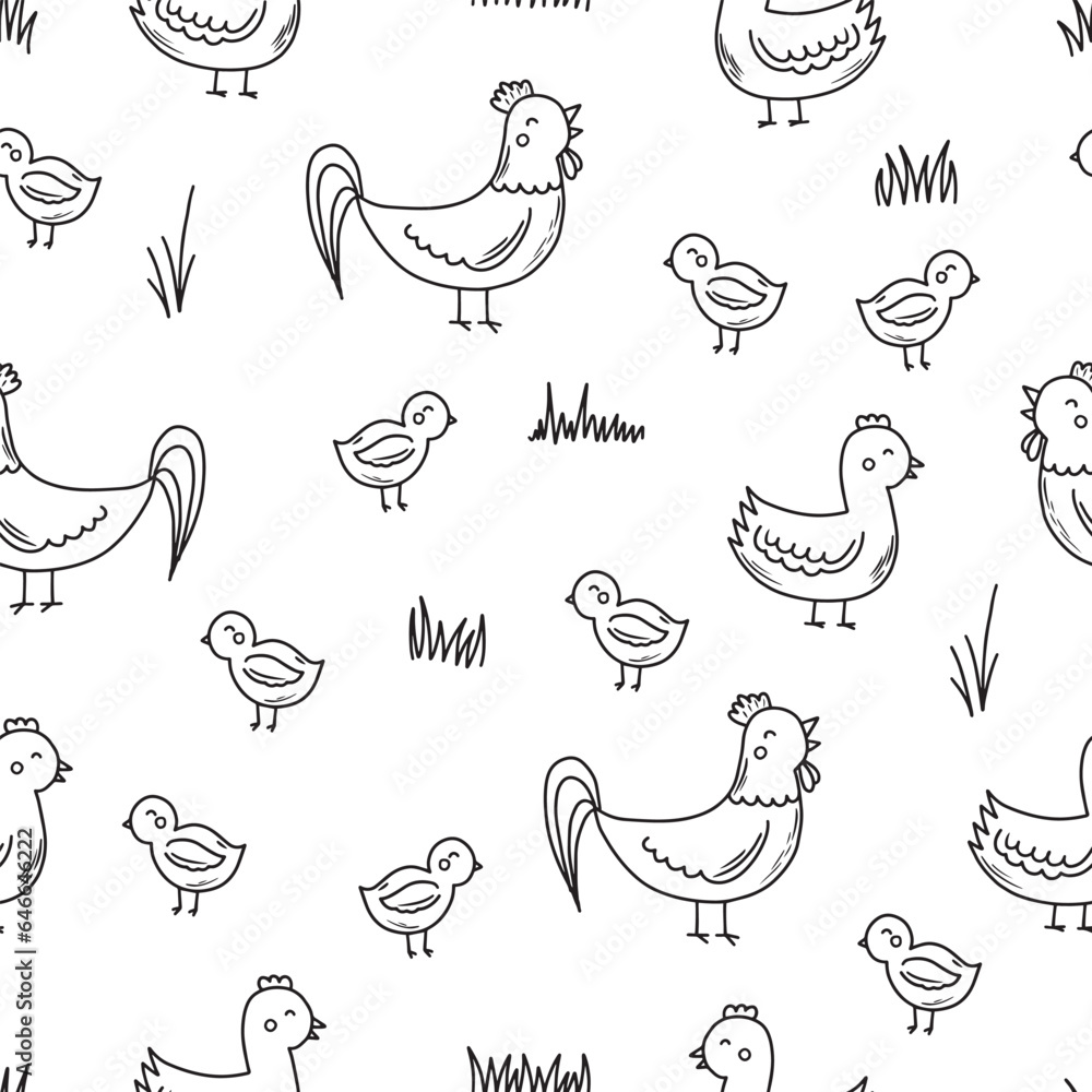 Obraz premium Seamless pattern with chiken, rooster and chick. Cute cartoon characters. Animal print.