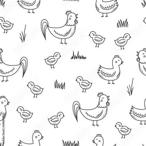 Seamless pattern with chiken  rooster and chick. Cute cartoon characters. Animal print.
