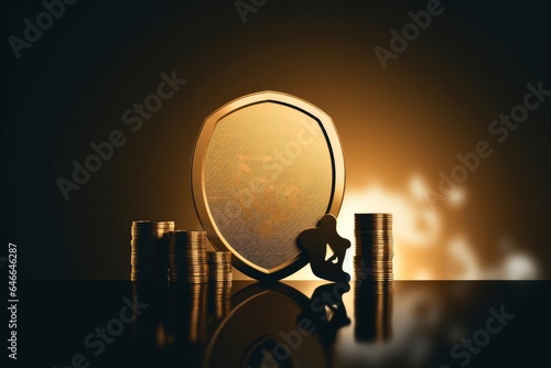 Silhouette of shield protect icon with coins stack, Security protection and health insurance. The concept of family home, foster care, homeless support, protection, health care day, Generative AI © Design Dynasty