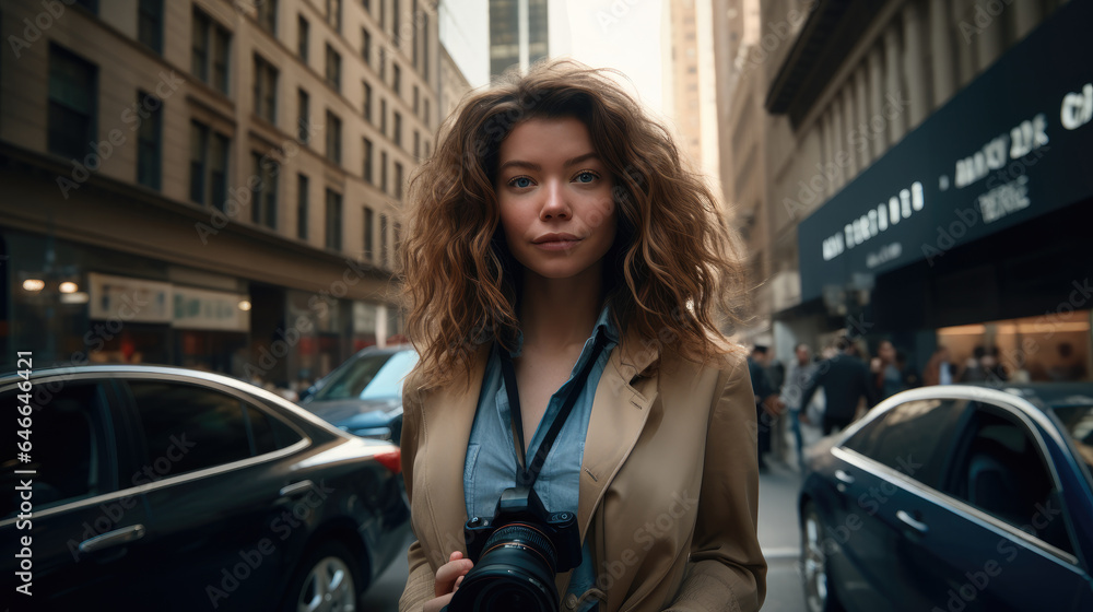 Fototapeta premium Happy woman with camera standing in the streets, Taking pictures of a building.