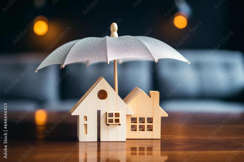 Model of umbrella with house on wooden table concept of the system of insurance savings and Housing insurance against impending loss and fire, building fire insurance, Generative AI - obrazy, fototapety, plakaty 