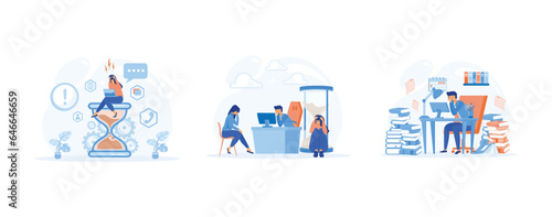  Stress Management at the office. people having stress moment chasing deadline, set flat vector modern illustration 