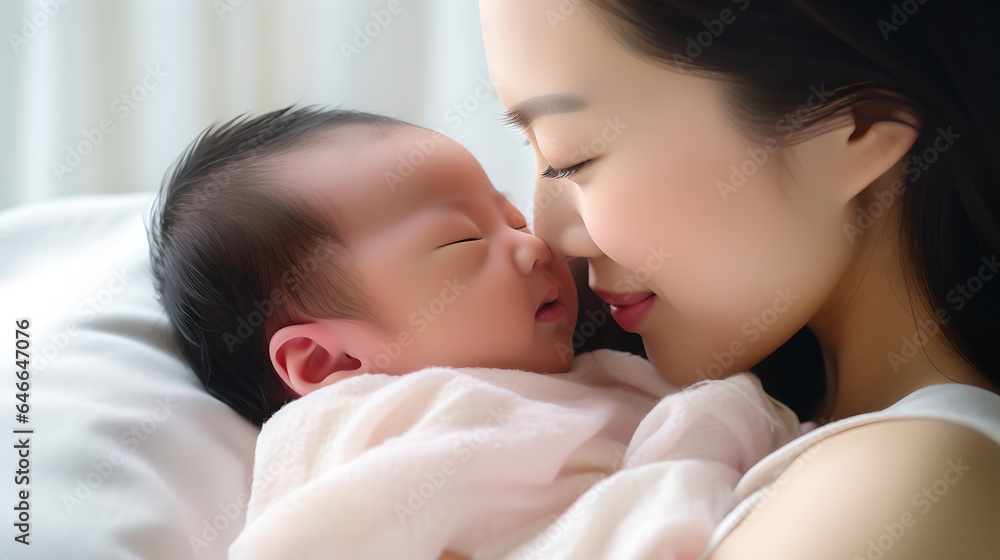 Close up of young beautiful mother kissing her newborn baby, asian mother holding and touching noses with her baby in the bedroom. Love of family concept Close up of young beautiful mother kissing her newborn baby, asian mother holding and touching noses with her baby in the bedroom. Love of family concept