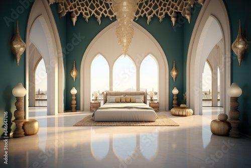 Bedroom, Modern architecture and Islamic ornates boho style as accent wall building with light. © visoot
