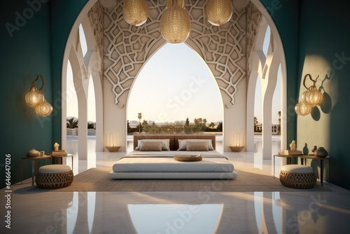 Bedroom, Modern architecture and Islamic ornates boho style as accent wall building with light.