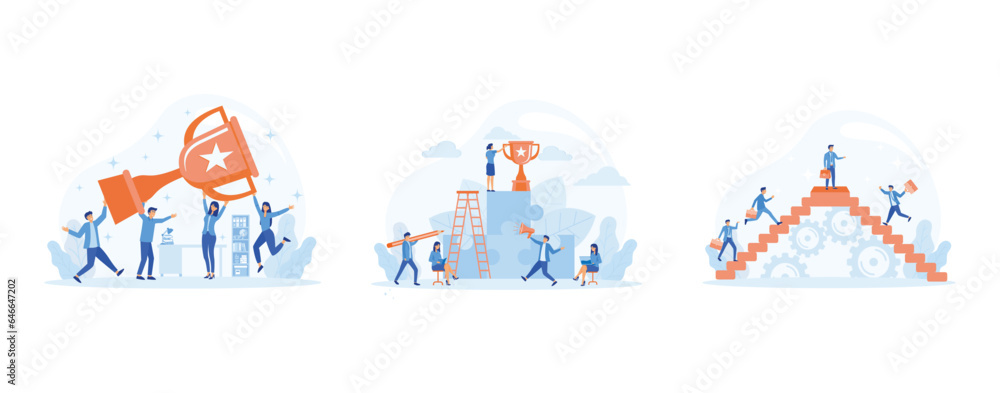 Business concept. success of teamwork, People working on their role.people celebrate success achievment, Success. Way up. set flat vector modern illustration