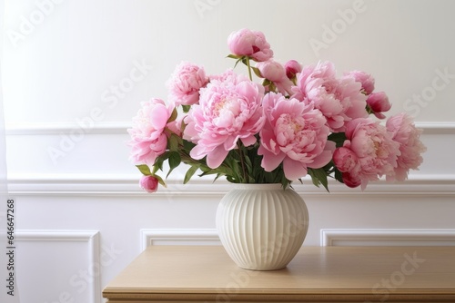 Beautiful floral bouquet. Vase with pink peonies flowers on ooden table  desk. White wall background with elegant moulding. Wedding or birthday concept. Elegant interior still life  web  Generative AI