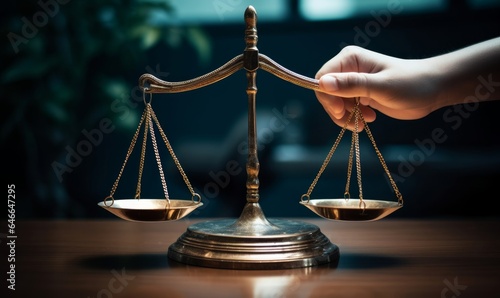 Tip the scales of justice concept as a the hand of a person illegally influencing the legal system for an unfair advantage, Generative AI photo