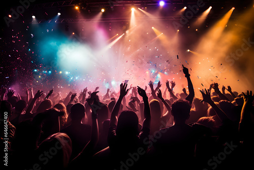 Cheering concert crowd with colorful stage light and confetti, silhouette of Large group of people audience at live music festival photo