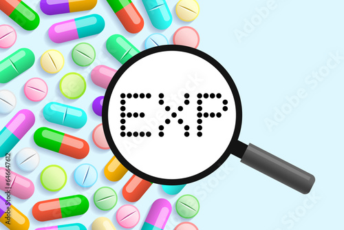 Pills and magnifier with EXP inscription, expiration date of medicine
