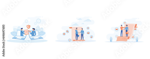 Digital user agreement. People signing paper and digital contract.  people standing on a signed contract. set flat vector modern illustration