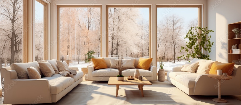 Bright living room with comfortable seating by large window.