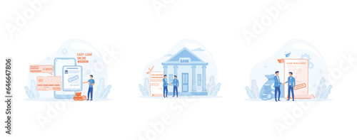 personal loan or financial support, get loan via smartphone application, loan agreement,  debt or obligation to pay back interest rate. set flat vector modern illustration  