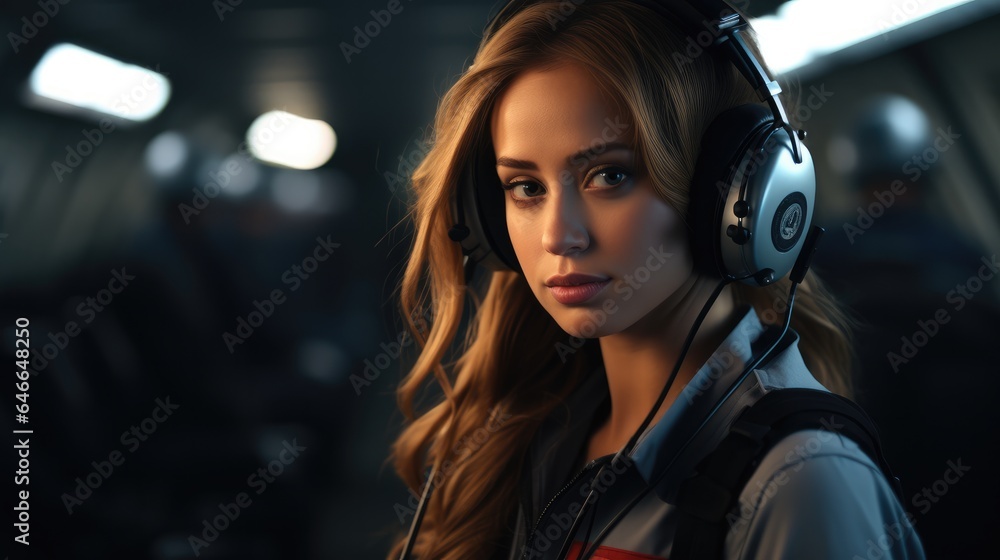 A girl wear headphones in a serious uniform, Tense working atmosphere. A girl wear headphones in a serious uniform, Tense working atmosphere.