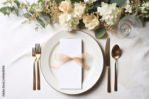 Festive wedding, birthday table setting with golden cutlery, silk ribbon, eucalyptus branches, hydrangea and white roses flowers. Blank card mockup. Restaurant menu concept. Flat lay, Generative AI