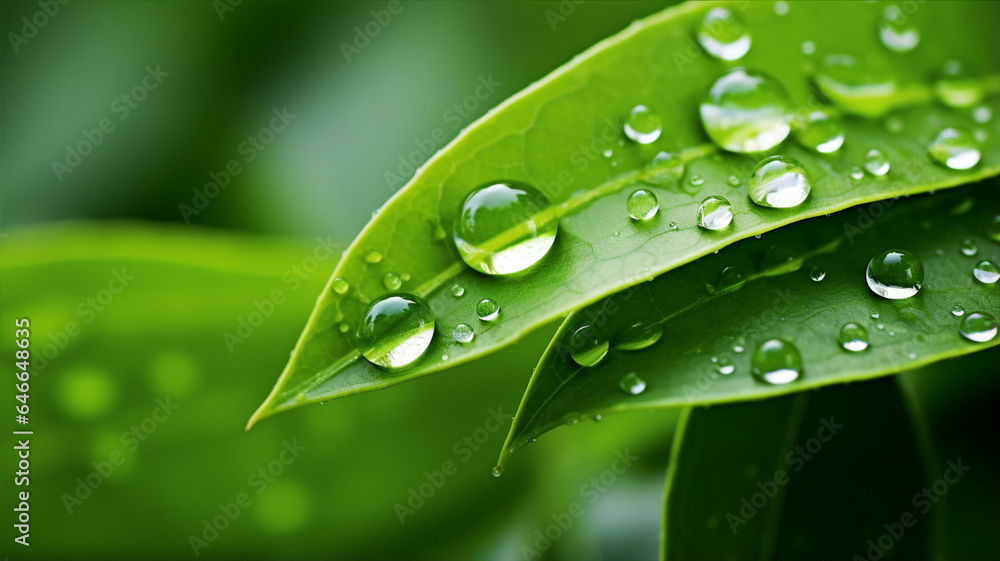 Water drops on green leaf, environment, macro, background closeup Water drops on green leaf, environment, macro, background closeup