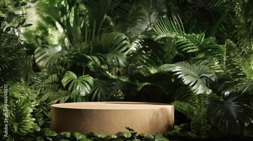 Wooden product display podium in jungle forest background, Product presentation theme.