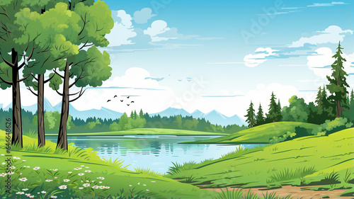 Summer landscape, green meadow and lake