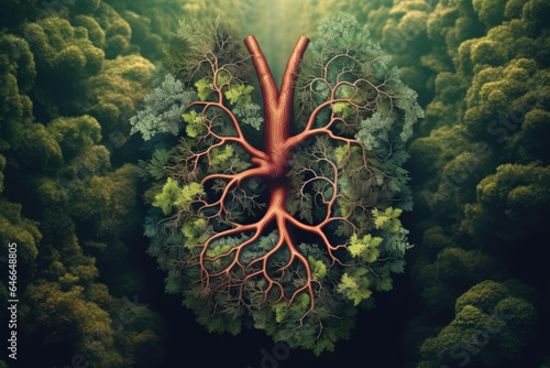 Forest trees in shape of Lungs Pair, Climate Change Concept art, Gnerative AI