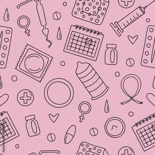 Seamless pattern with contraceptives. Vector illustration. Flat style. Medical print. Pattern with pill condoms.