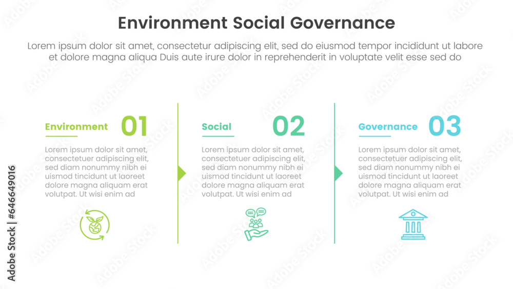 esg environmental social and governance infographic 3 point stage template with column description arrow outline concept for slide presentation