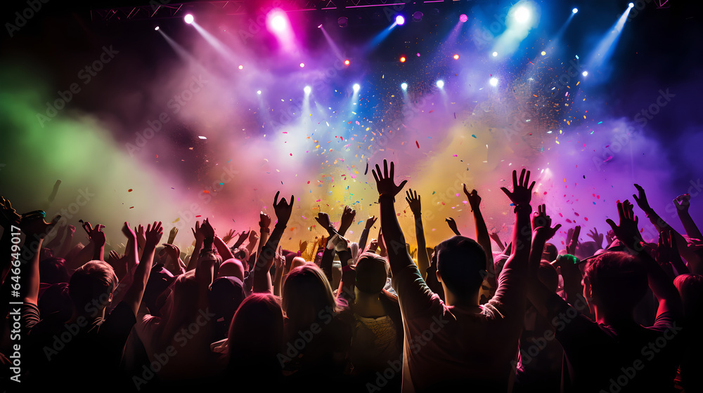 Cheering concert crowd with colorful stage light and confetti, silhouette of Large group of people audience at live music festival