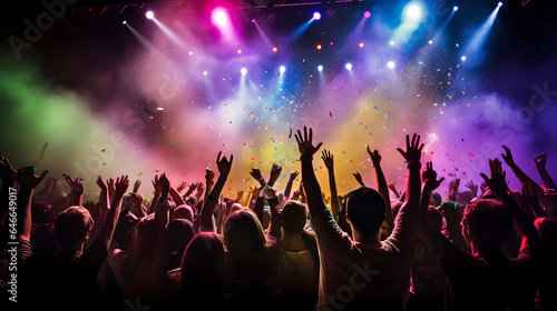 Cheering concert crowd with colorful stage light and confetti  silhouette of Large group of people audience at live music festival