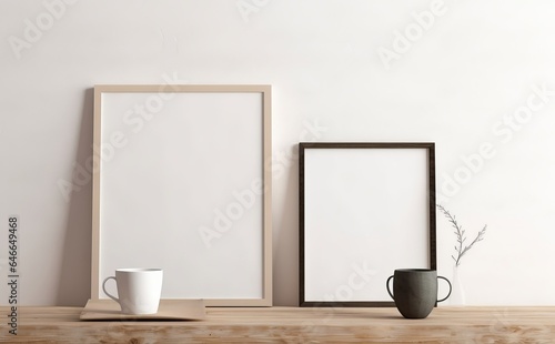 Set of black portrait picture frame mockups. Wall art gallery. Cup of coffee on pile of books on old wooden bench, table. White wall background. Scandinavian interior, neutral color, Generative AI