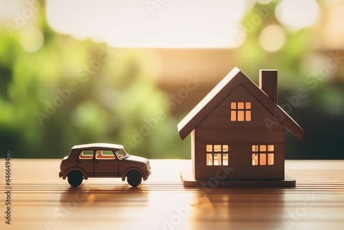 Car and house model in wood table, concepts of contract to buy, get insurance or loan real estate or property background, Generative AI